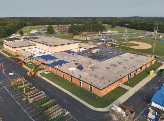 Aerial of an Amigo PVC roof installation on a large commercial facility